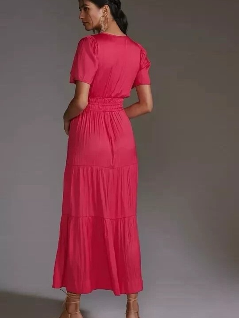 Anthropologie Somerset Maxi Dress Pink Satin Smocked Waist Pockets NWT L - Picture 3 of 14